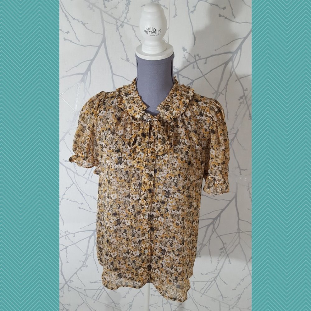 Everleigh Orange Floral Printed Tie Neck Button Front Blouse